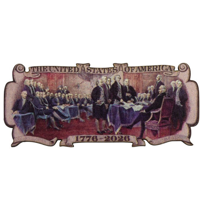 Decorative magnet with a historical scene of a meeting, featuring text 'The United States of America 1776-2026'.