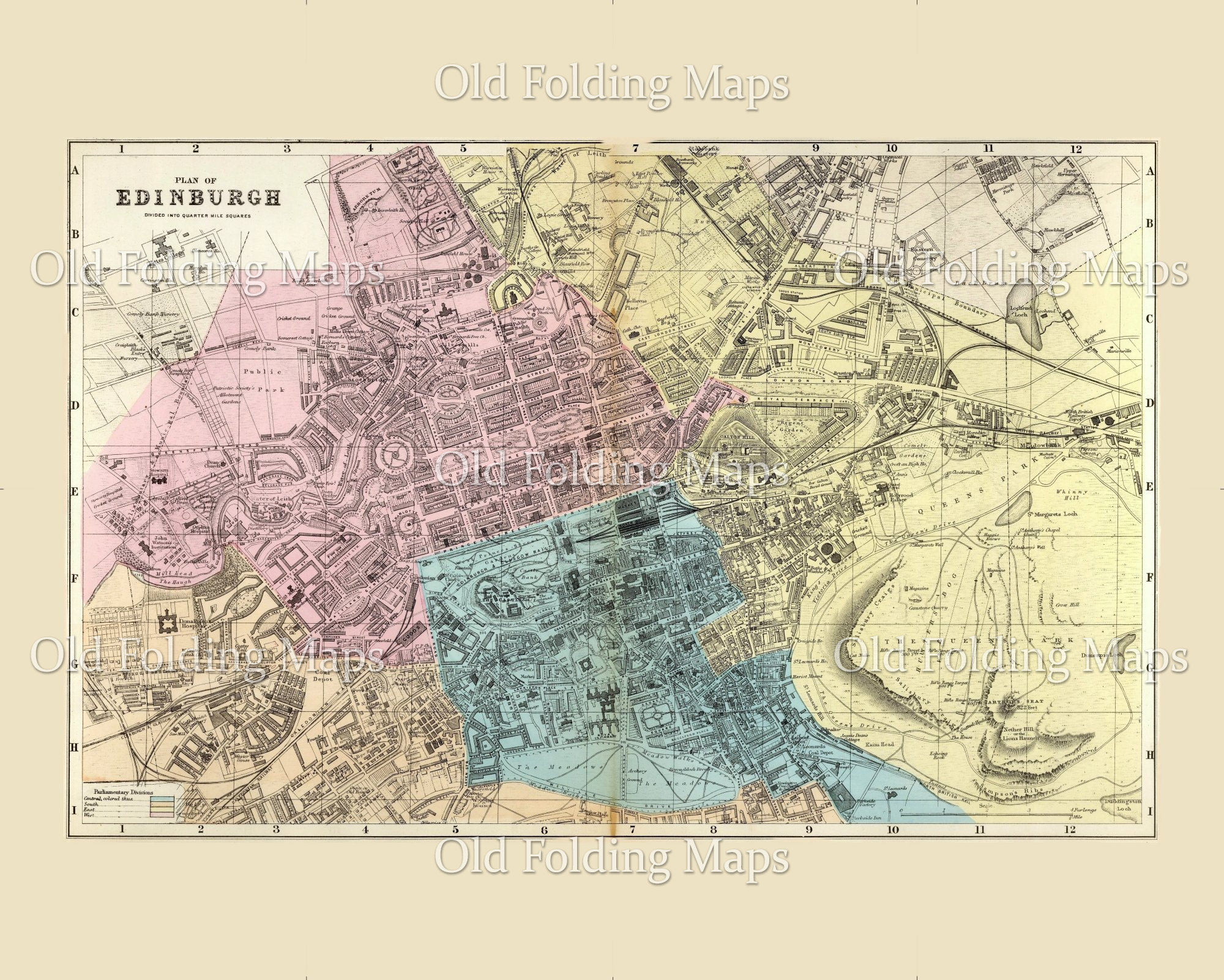 Edinburgh Geographical Map 'Old Map of Edinburgh' circa 1885 reproduction map laid on cloth prese ...