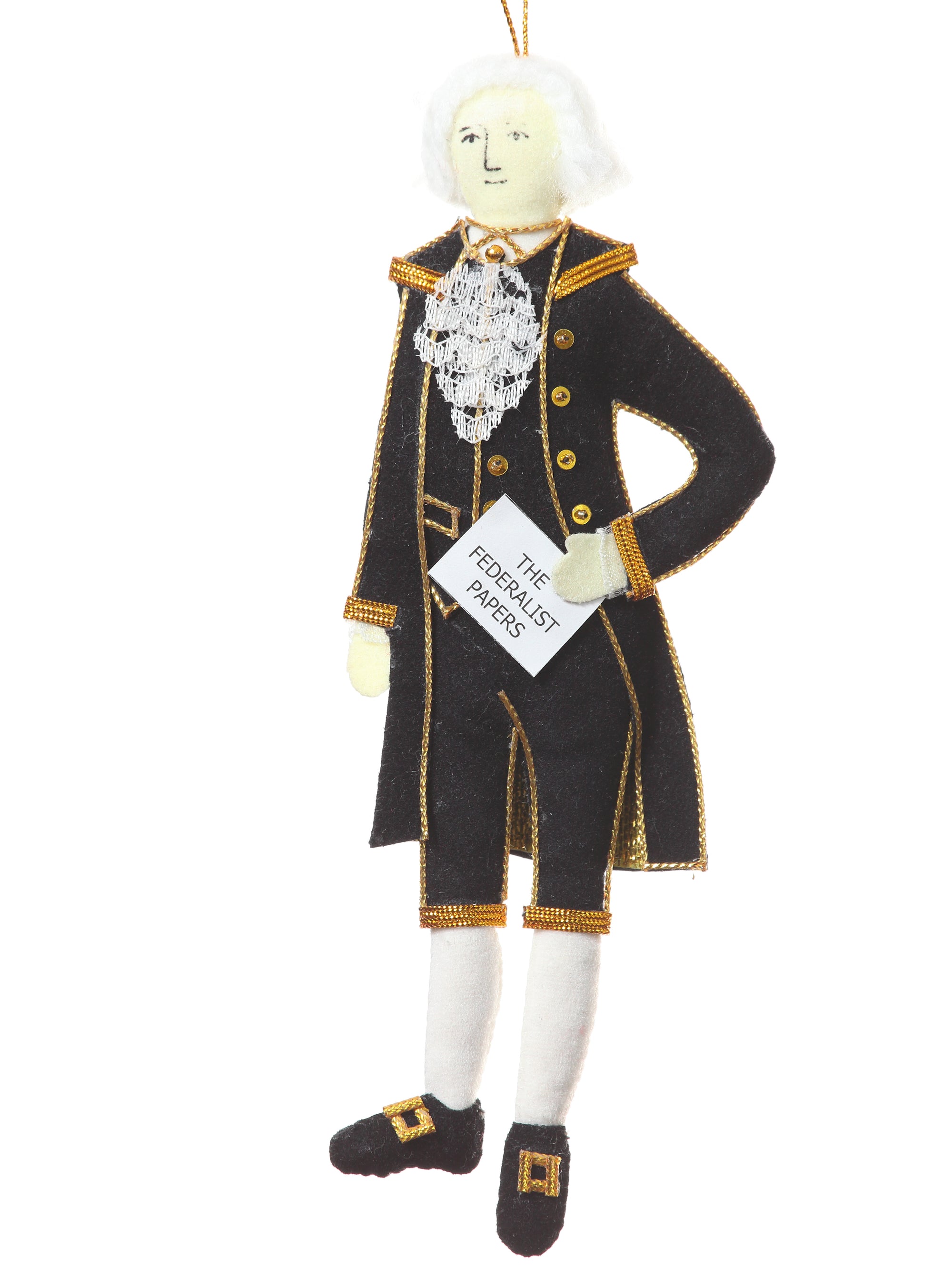 Decorative figure of a historical figure in formal attire holding a document, on a white background