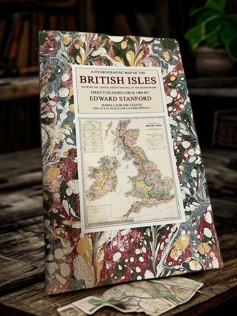 Reproduction map in slipcase showing Hydrographic Map of British Isles, map is stood upright on a desk
