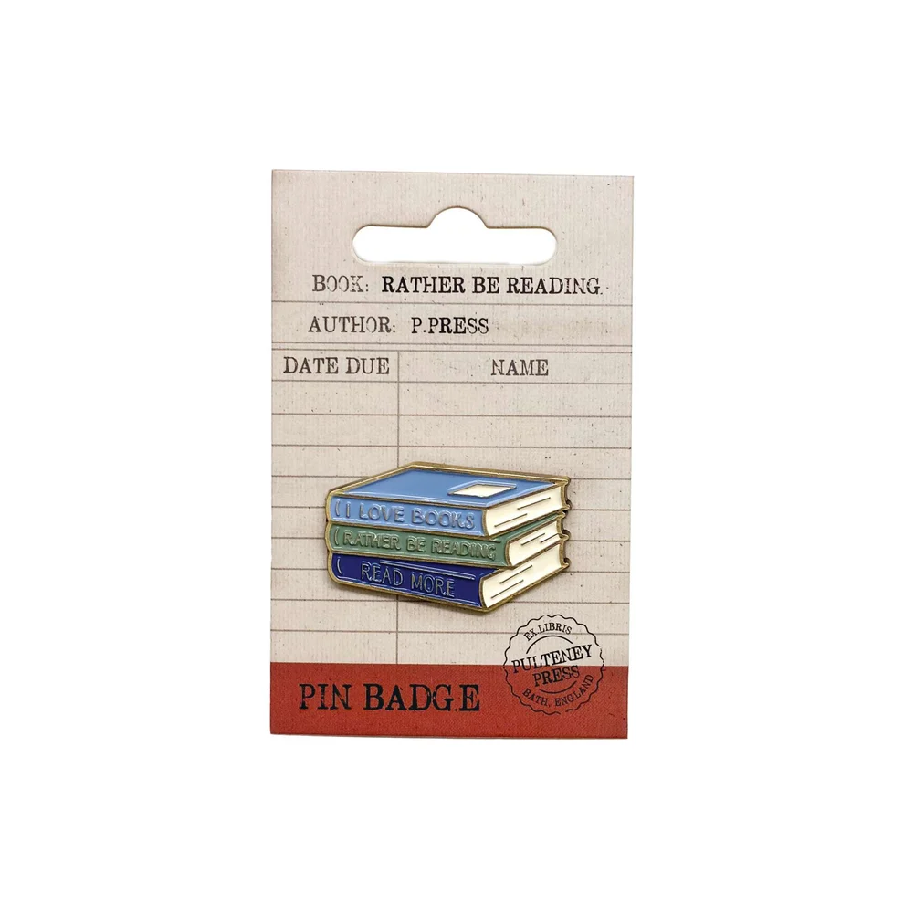 Pin badge of three stacked books on a card with 'Book: Rather be Reading' text