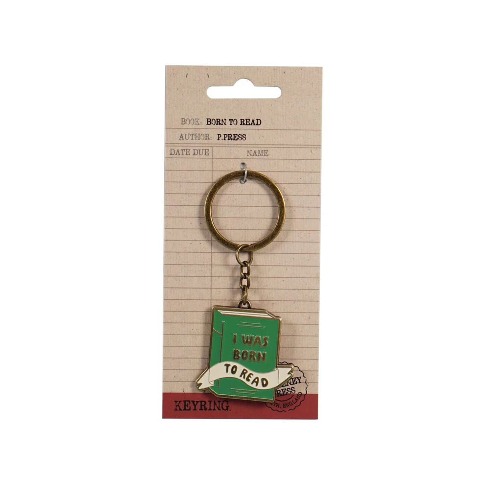Keychain with 'I was born to read' design on a card with text