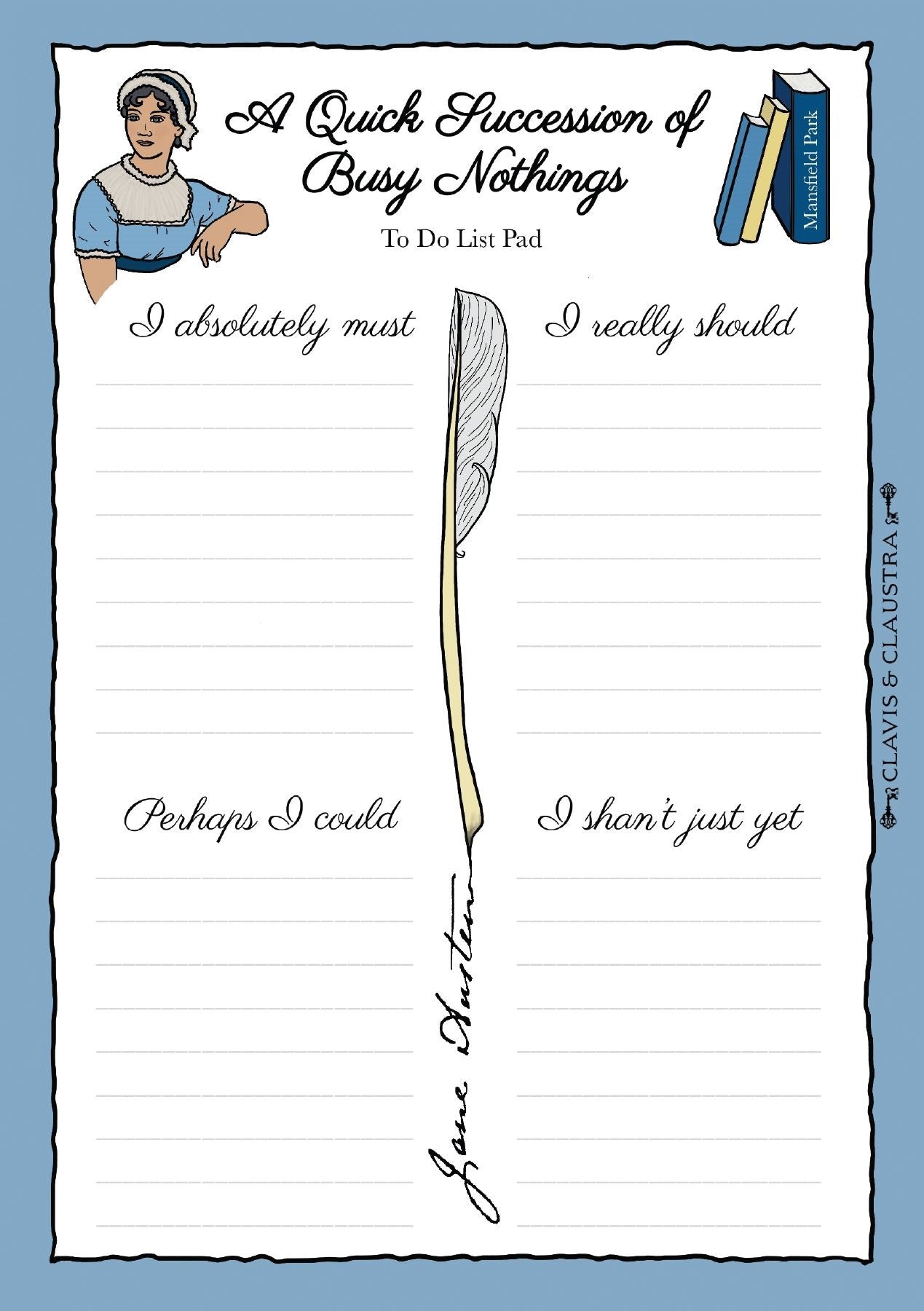 To-Do List Pad with Jane Austen illustration and quote on a blue background