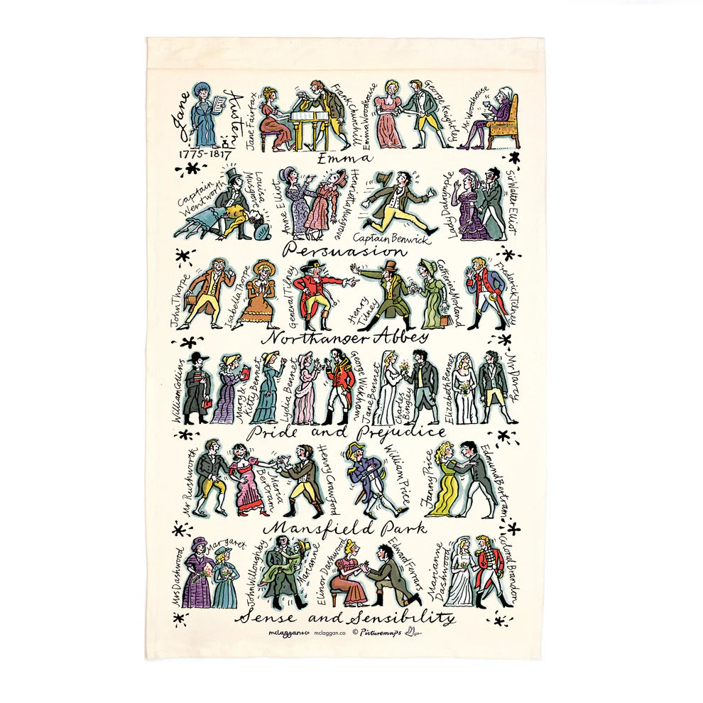 Image of a tea towel depicting  characters from Jane Austen novels.