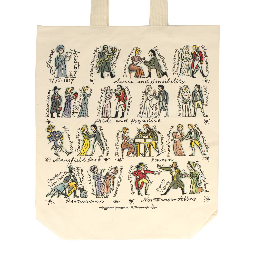 Tote bag with illustrations of famous literary characters and their corresponding books.