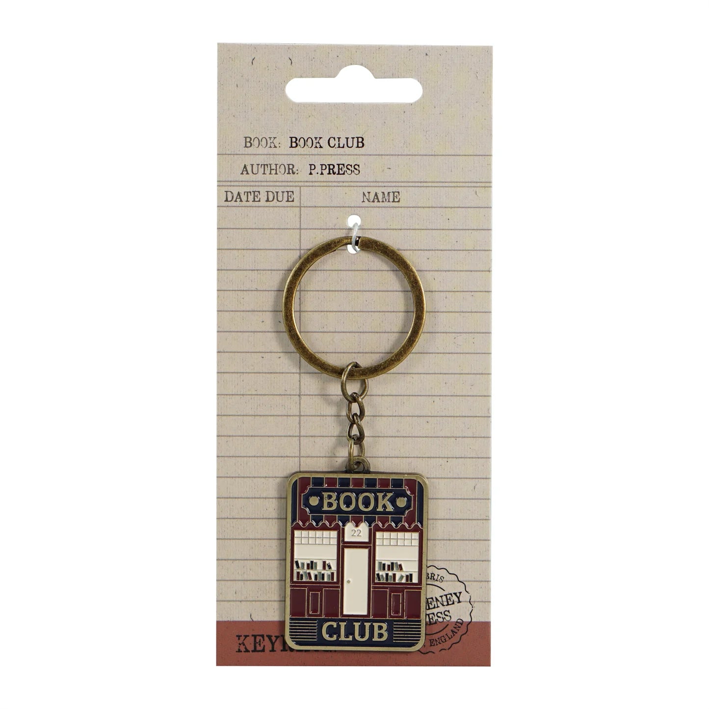 A square enamel keychain charm featuring a vintage bookstore illustration with the words 'BOOK CLUB' attached to a brass key ring and displayed on a lined paper backing card.