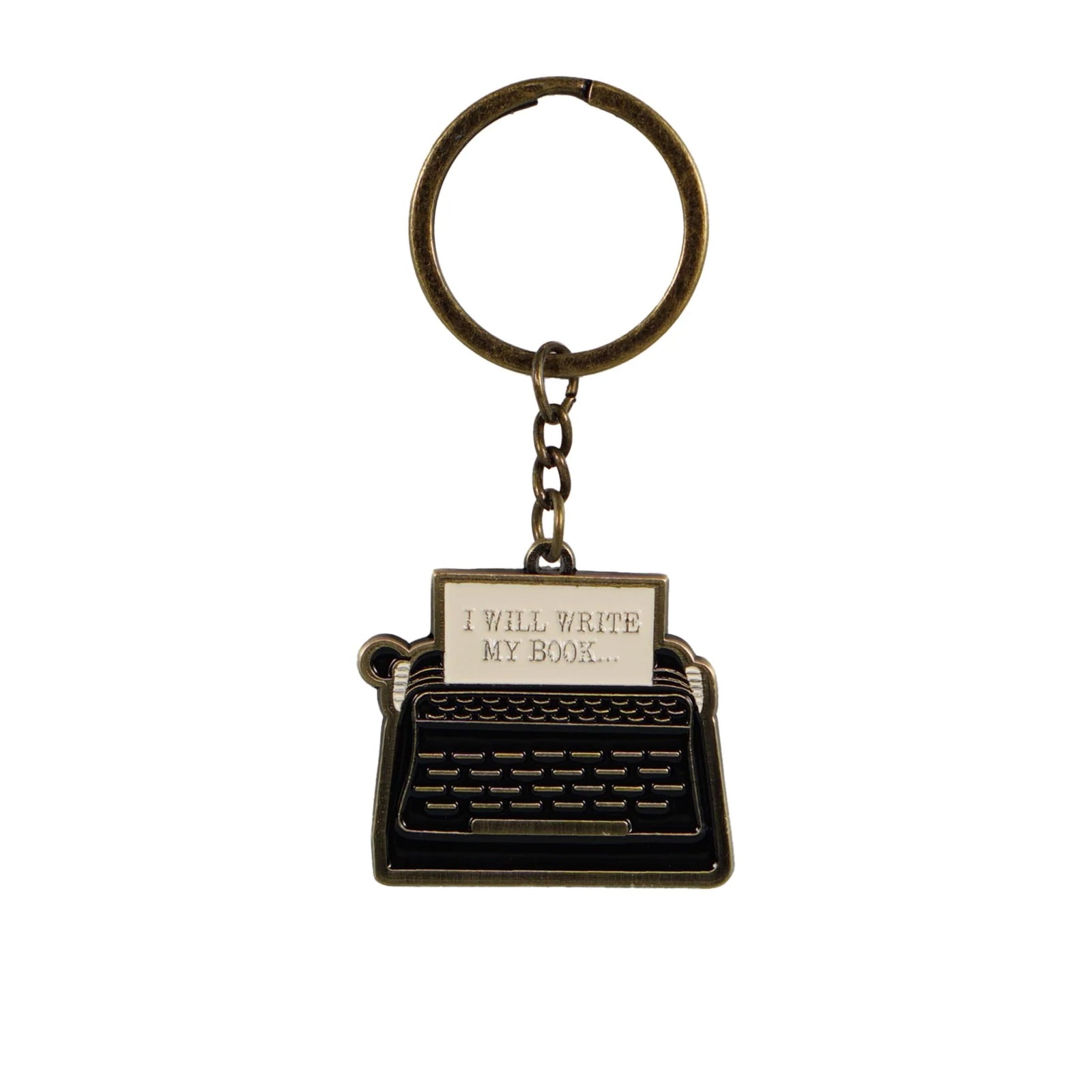 Keychain shaped like a typewriter with a paper that says 'I will write my book' on a white background