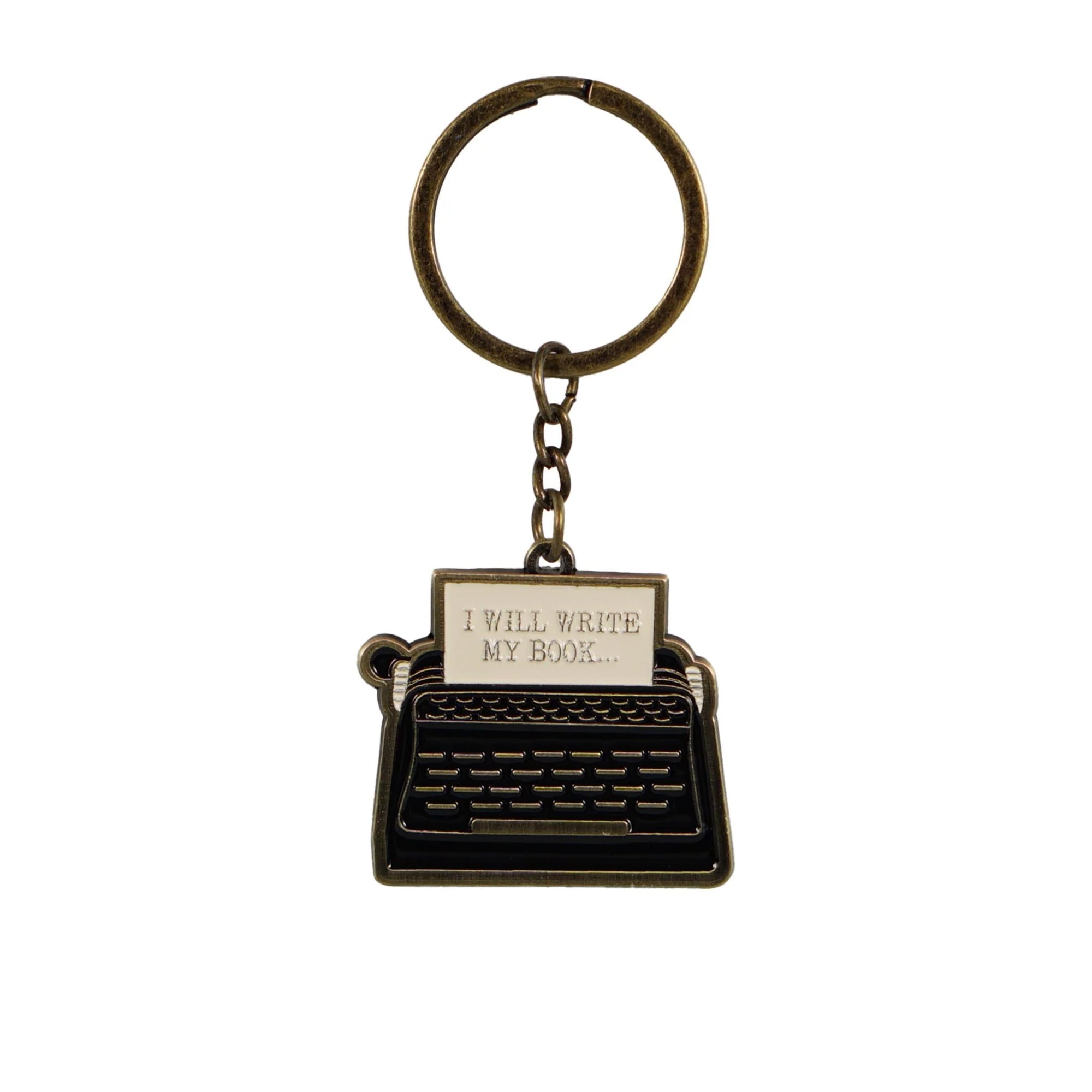 Keychain shaped like a typewriter with a paper that says 'I will write my book' on a white background