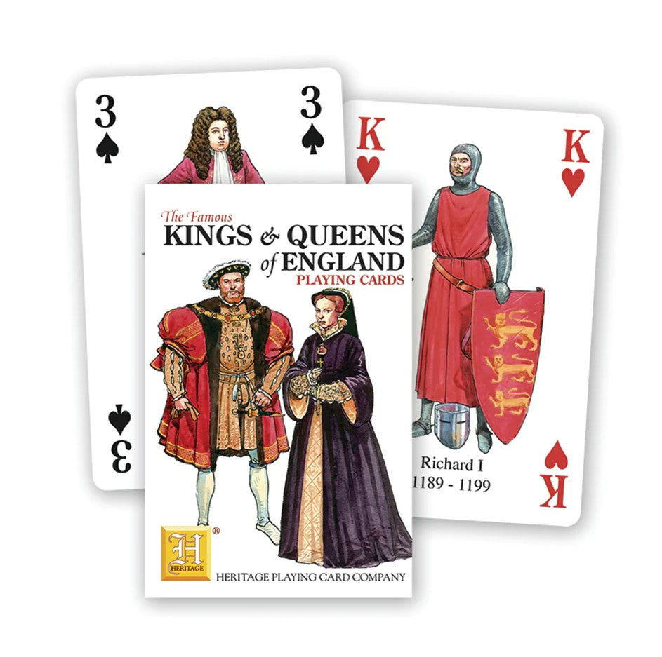 Playing cards featuring kings and queens of England with a central card displaying the title and design details.