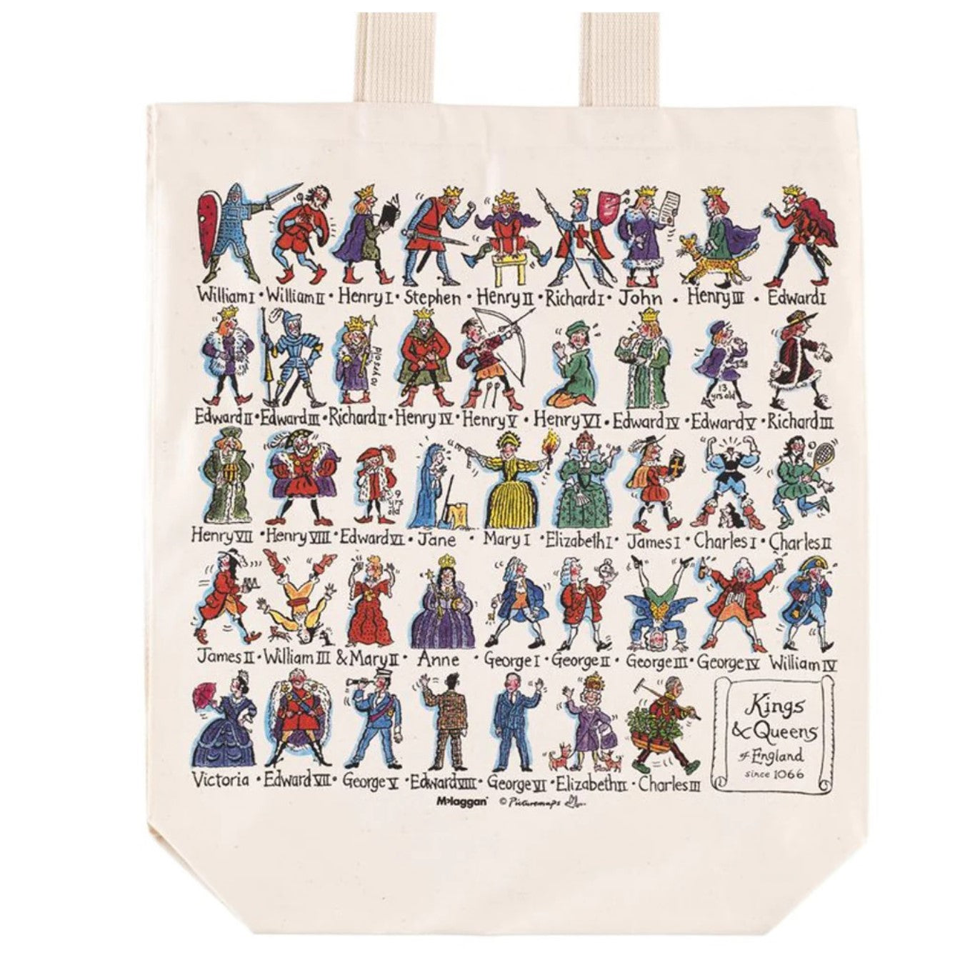 Tote bag with illustrations of kings and queens of England and text.