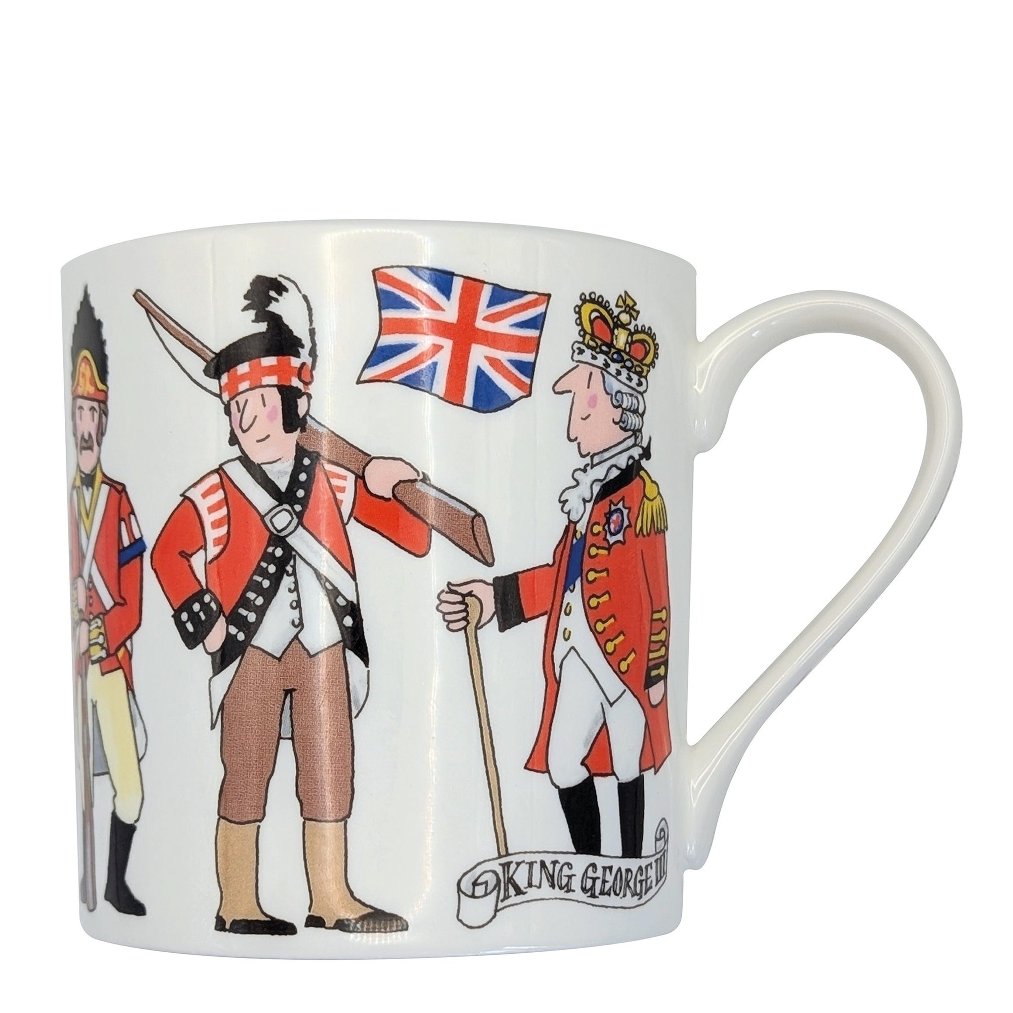 Mug with illustrations of historical figures and the British flag on a white background