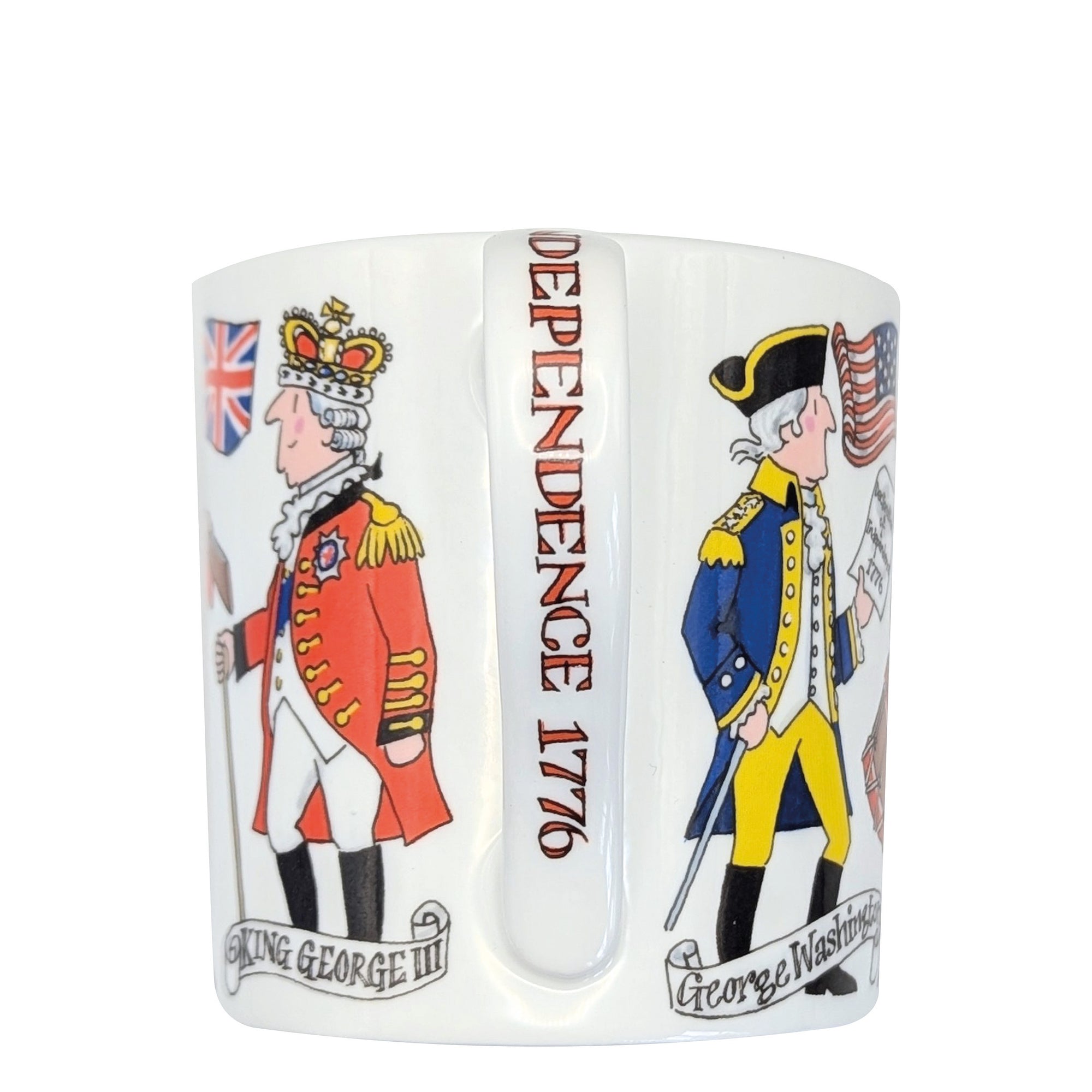 Tumbler with illustrations of King George III and George Washington, labeled 'Dependence 1776'.
