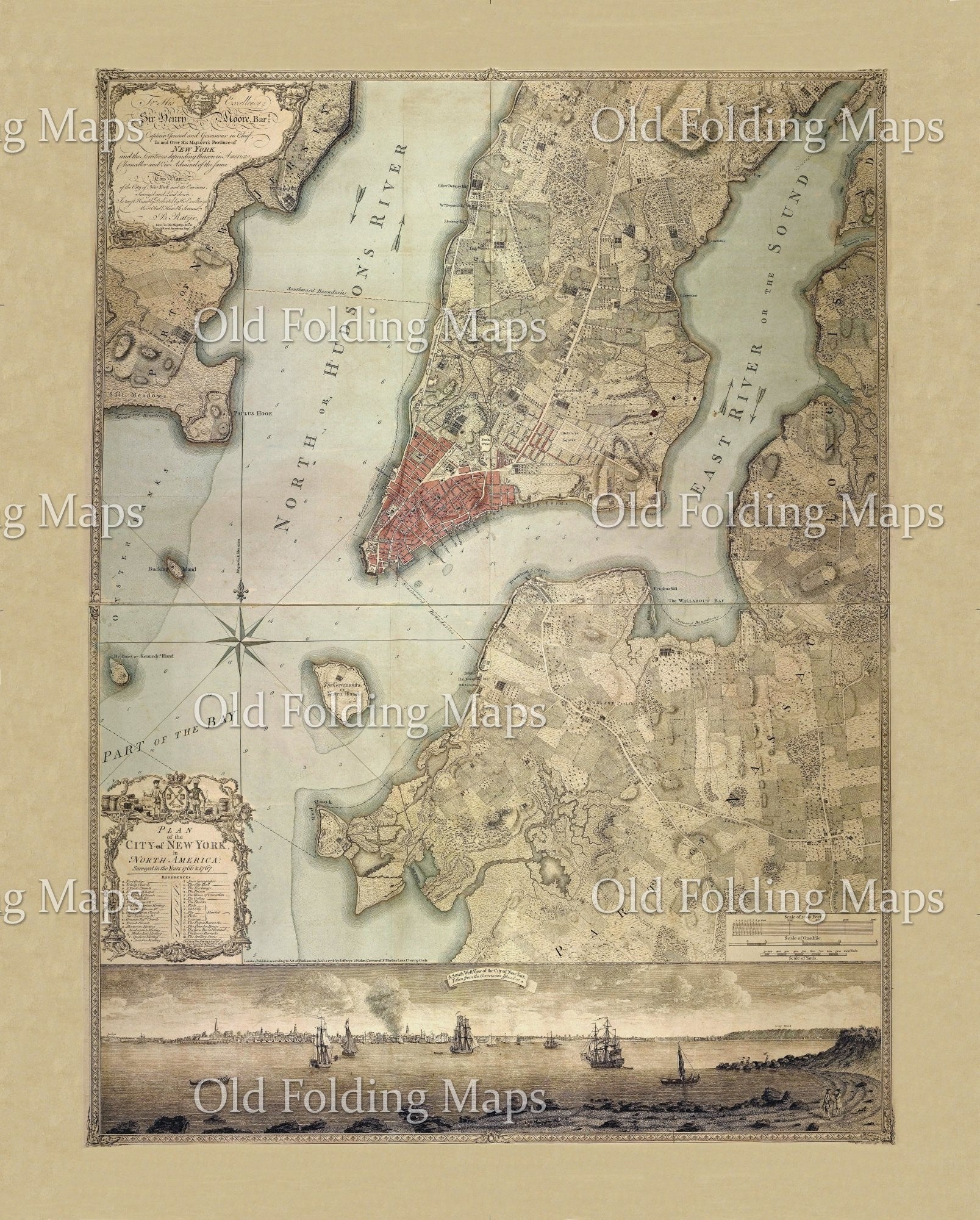 Vintage map of New York City with detailed topography and waterways, featuring 'Old Folding Maps' watermark.