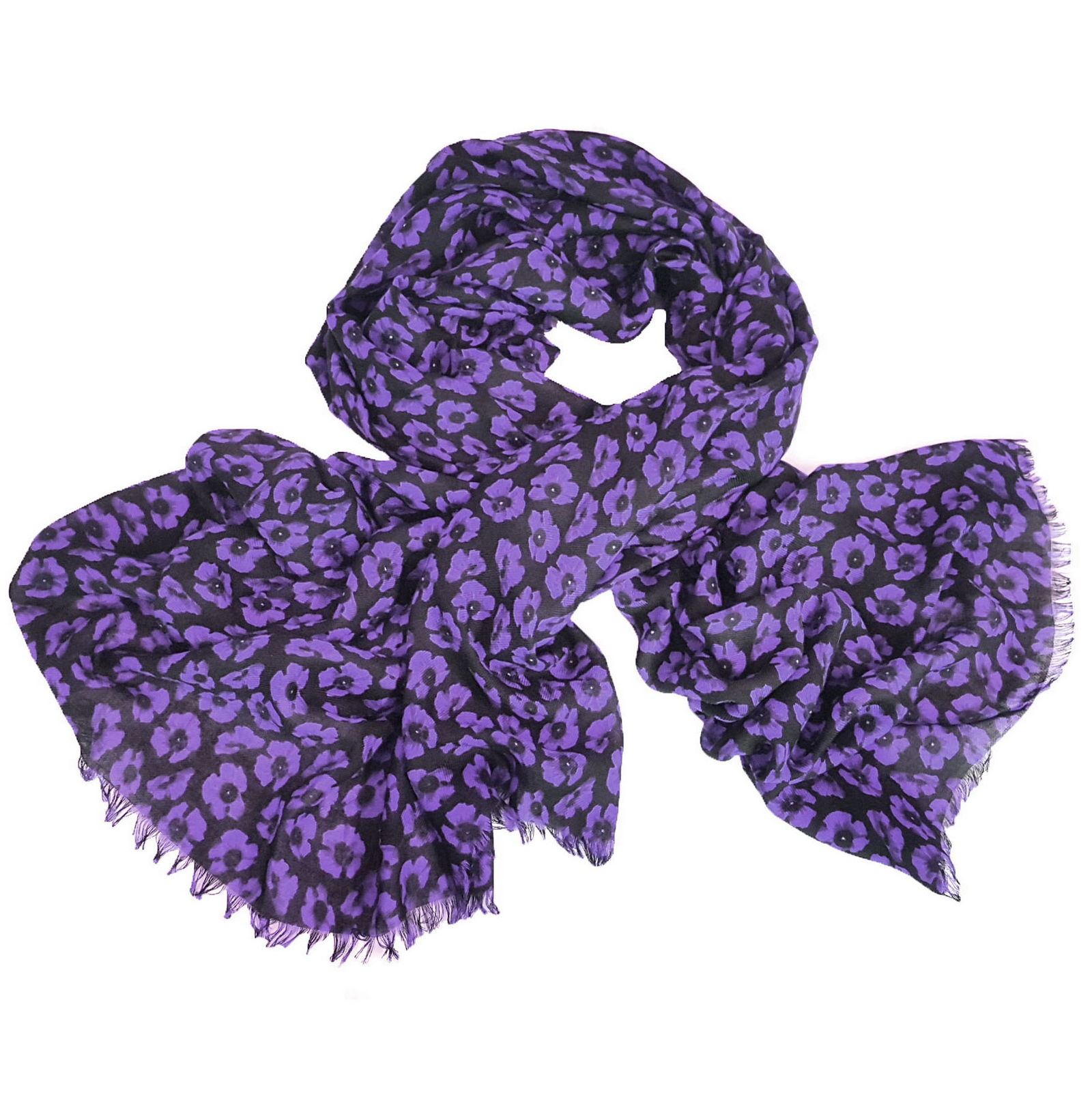 Purple poppy print scarf on a white background
