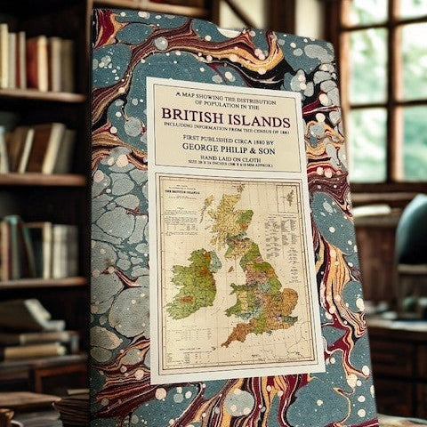 Reproduction map in slipcase standing upright on a desk in an old fashioned office