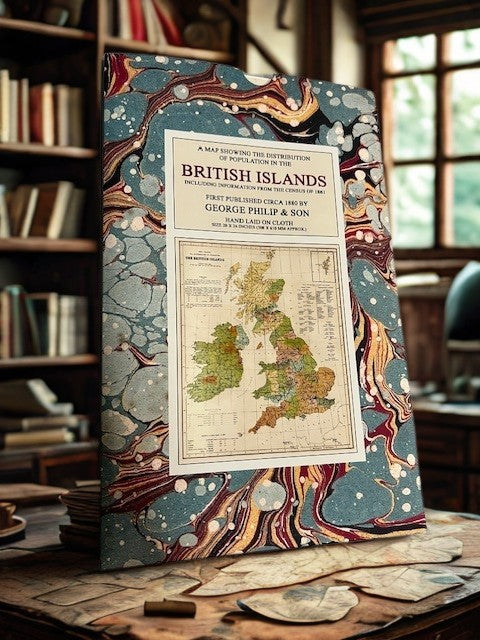 Decorative map of the British Isles on a stand with a bookshelf and window in the background
