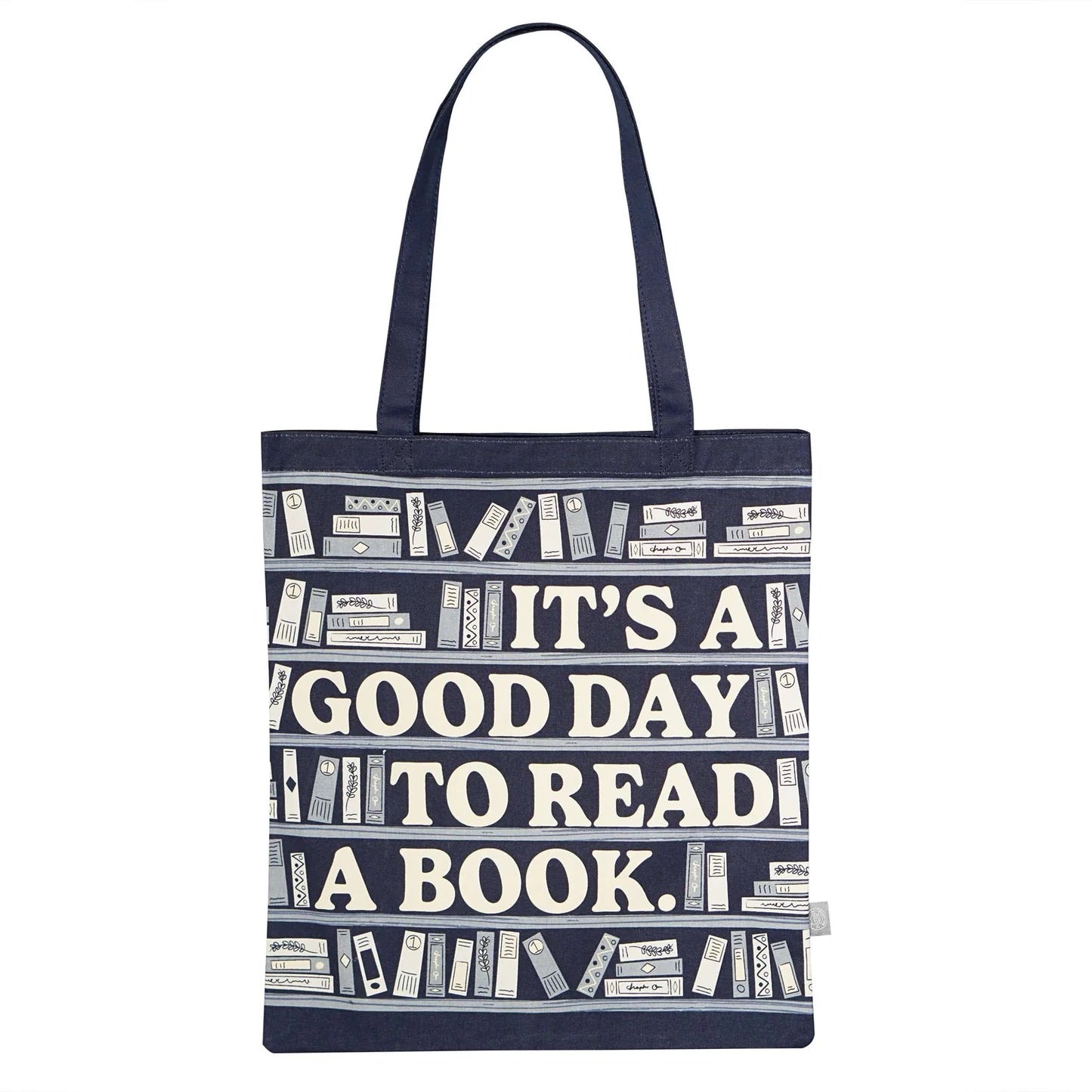 A navy blue canvas tote bag with long handles, featuring a printed design of book spines and the text 'IT'S A GOOD DAY TO READ A BOOK.' in large cream lettering, shown against a plain white background.