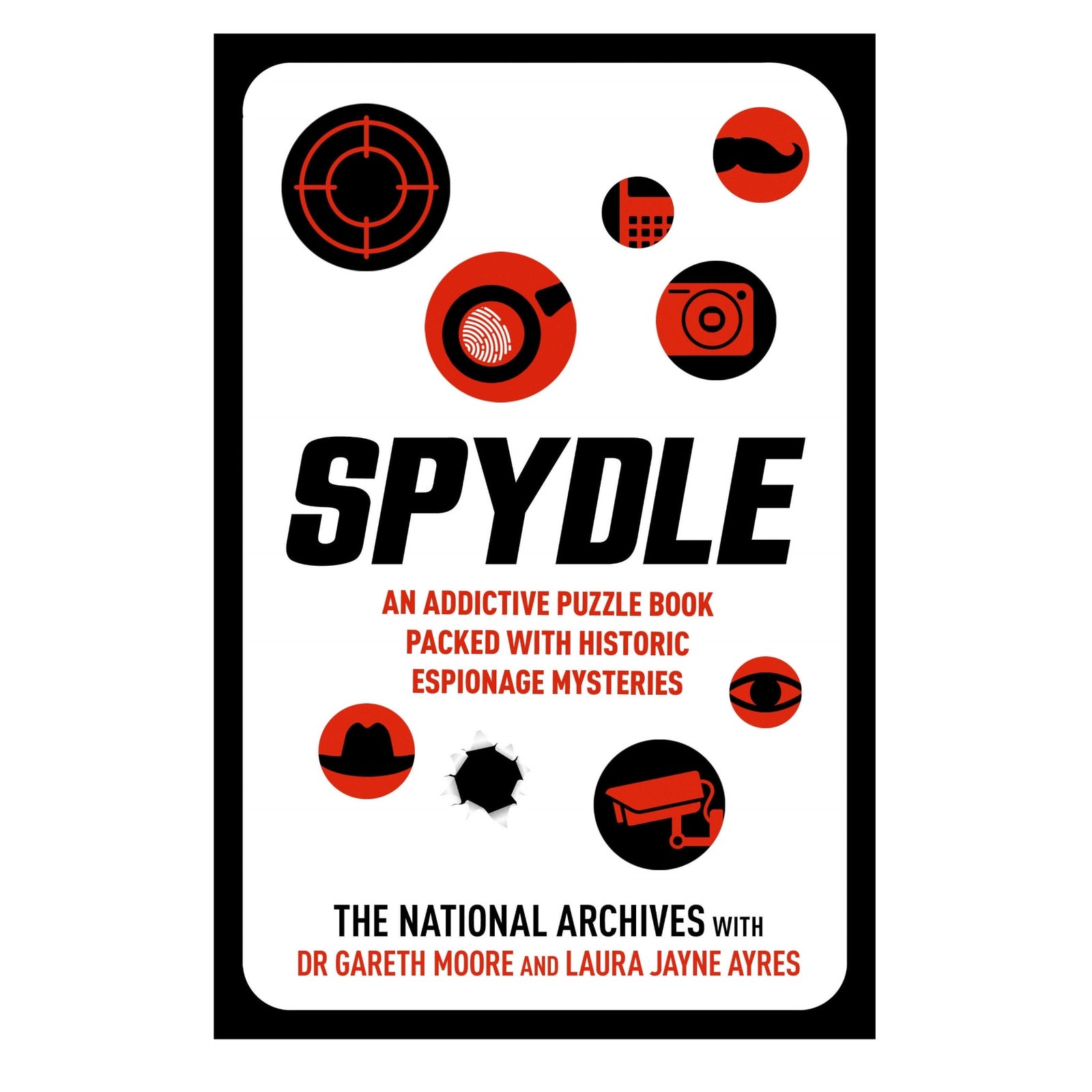 Book cover of 'Spydle' with spy-themed icons and text on a white background