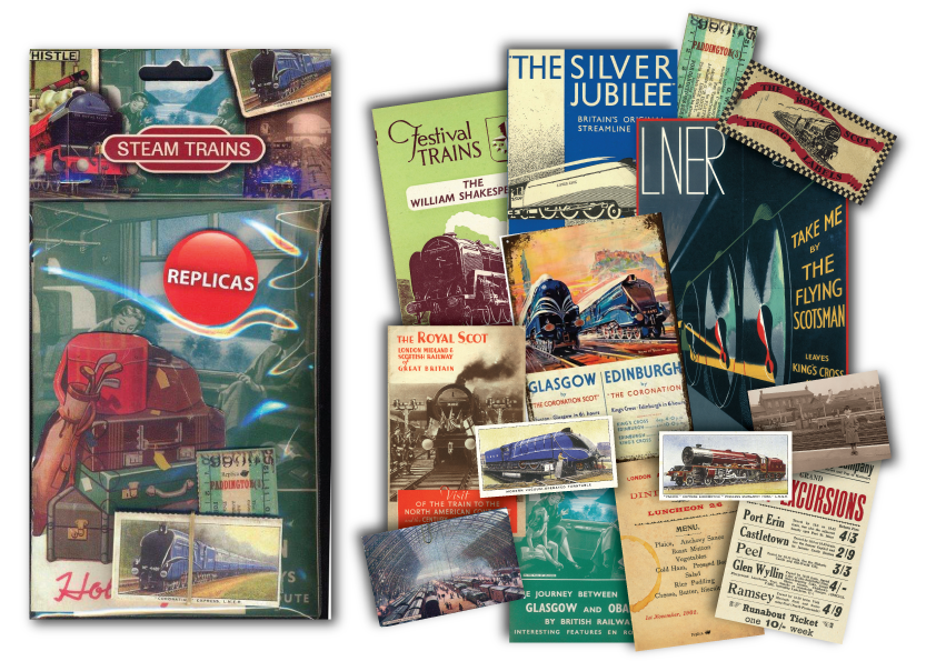 Collection of train-themed products including a box labeled 'Replicas' and various train posters.