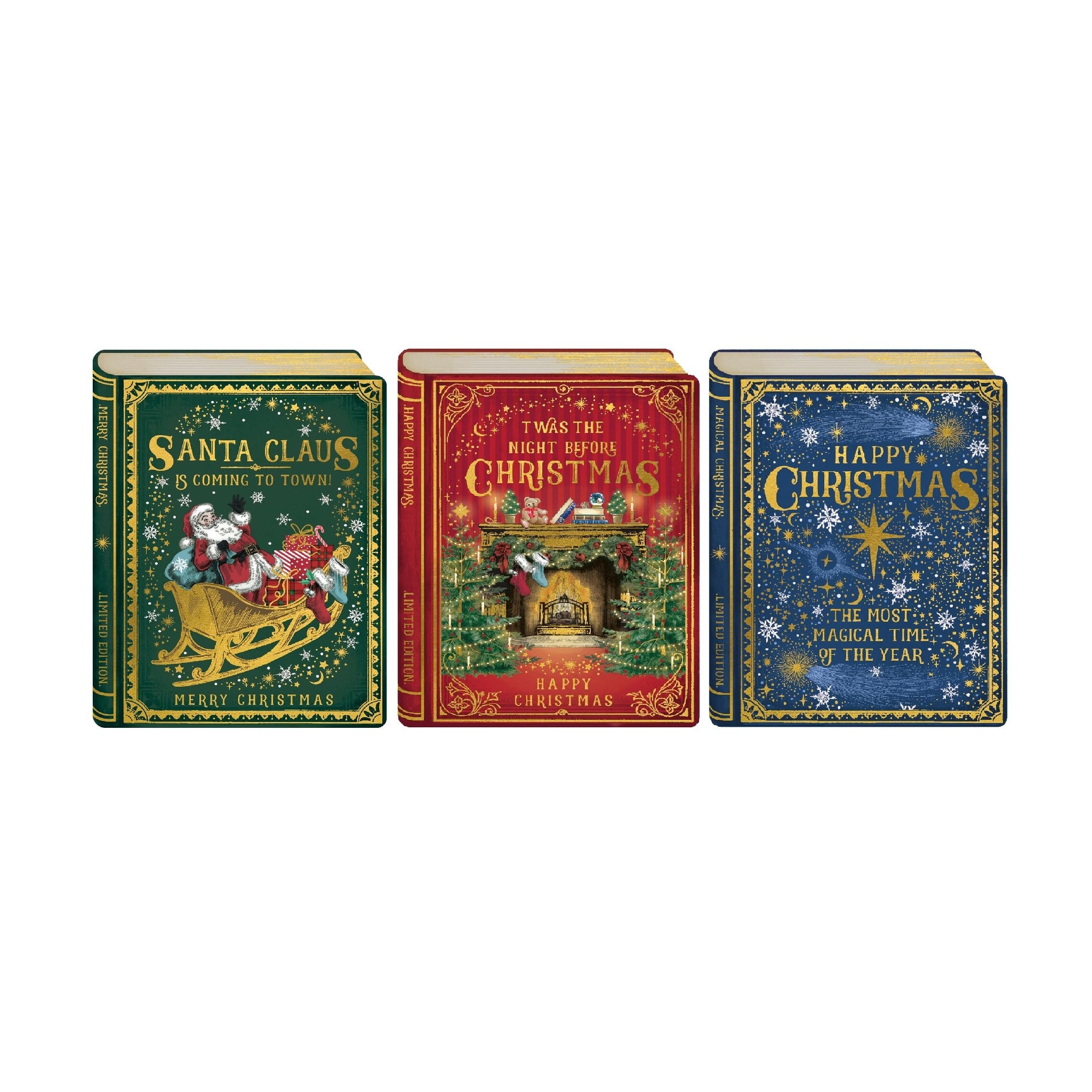 Three Christmas-themed cards with festive book designs on a white background