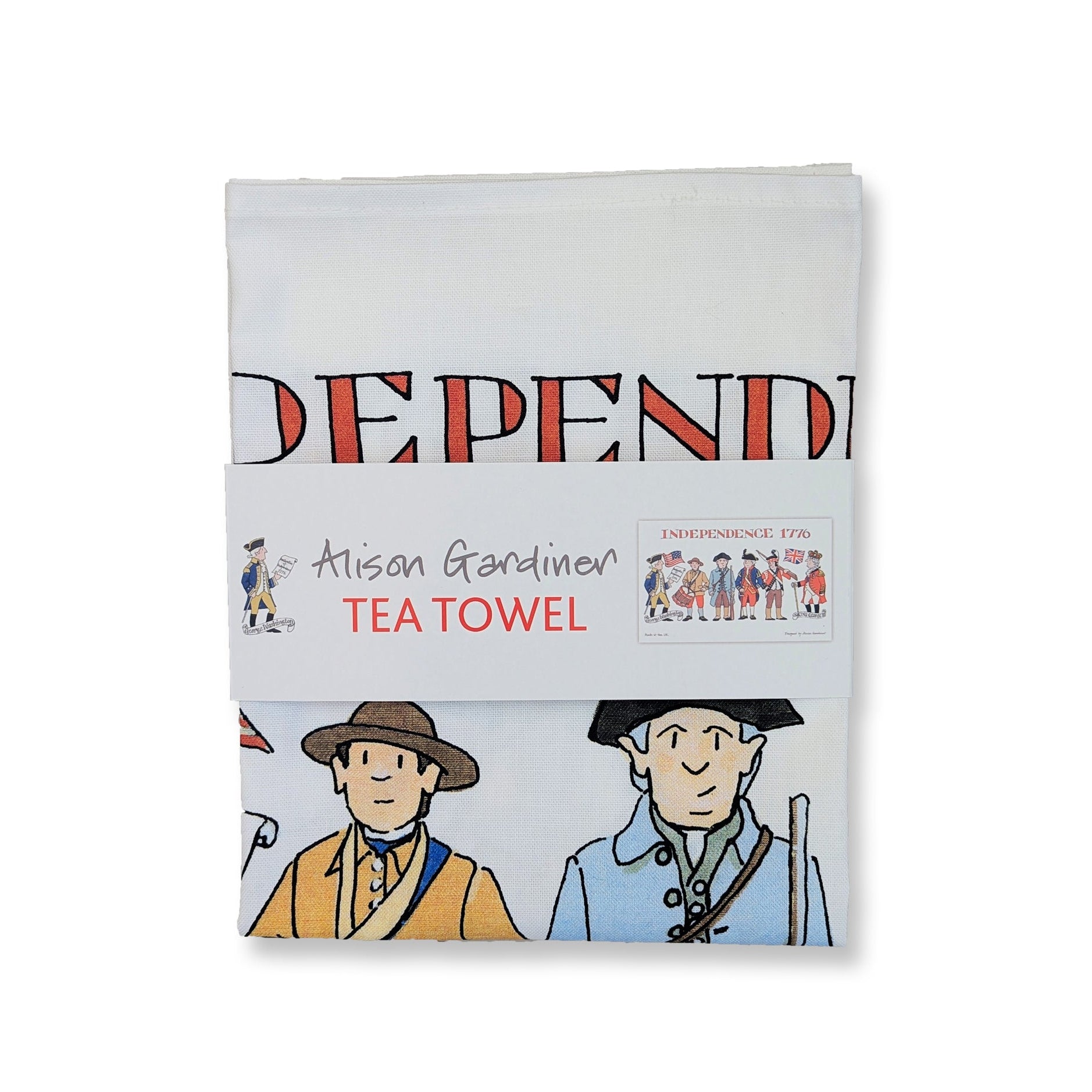 Tea towel with illustrations and text on a white background