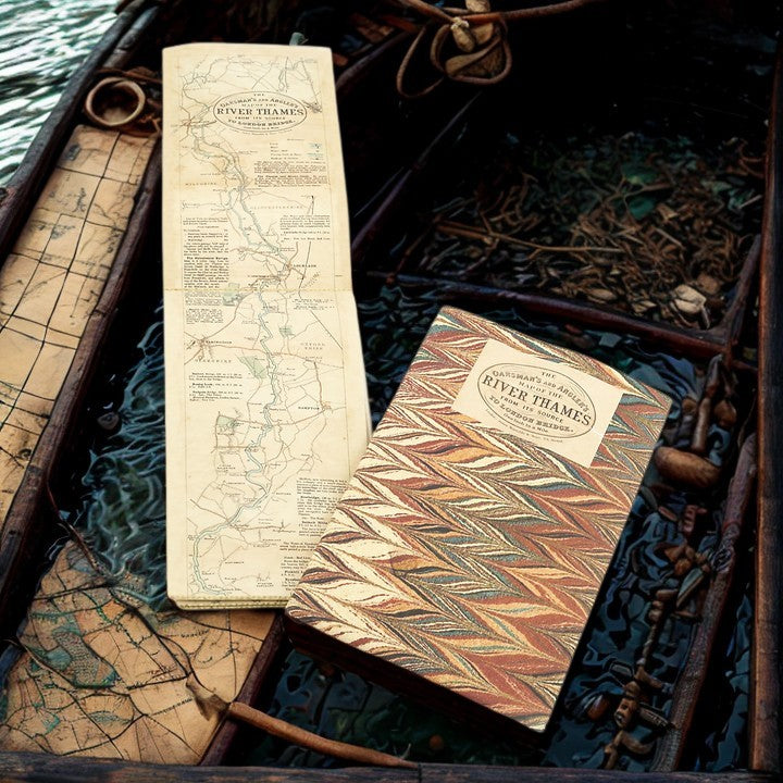 Replica vertical map and slipcase on an old fashioned river boat background