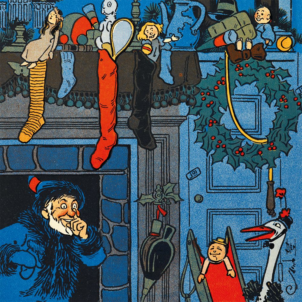 Illustration of a man looking into a fireplace with children on the mantel and a goose outside.