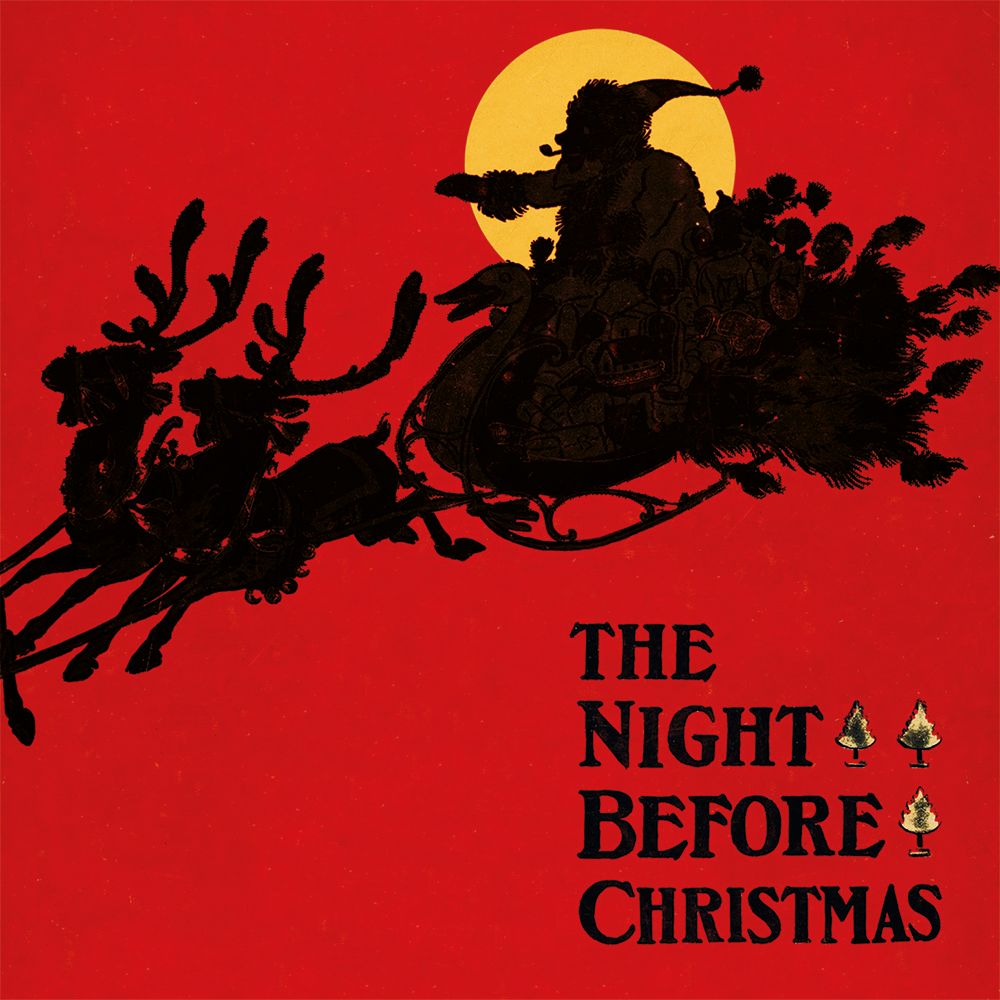 Silhouette of Father Christmas in a sleigh with reindeer against a red background, featuring &#39;The Night Before Christmas&#39;.