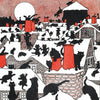 Illustration of cats on rooftops with a full moon in the sky
