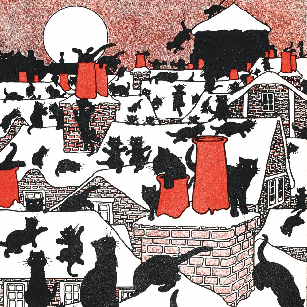 Illustration of cats on rooftops with a full moon in the sky