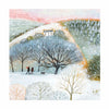 Winter scene with people and a dog walking on a snow-covered path.