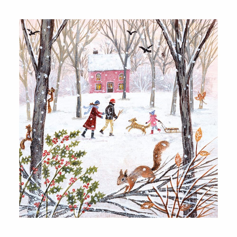 Winter scene with people and animals in a snowy landscape.