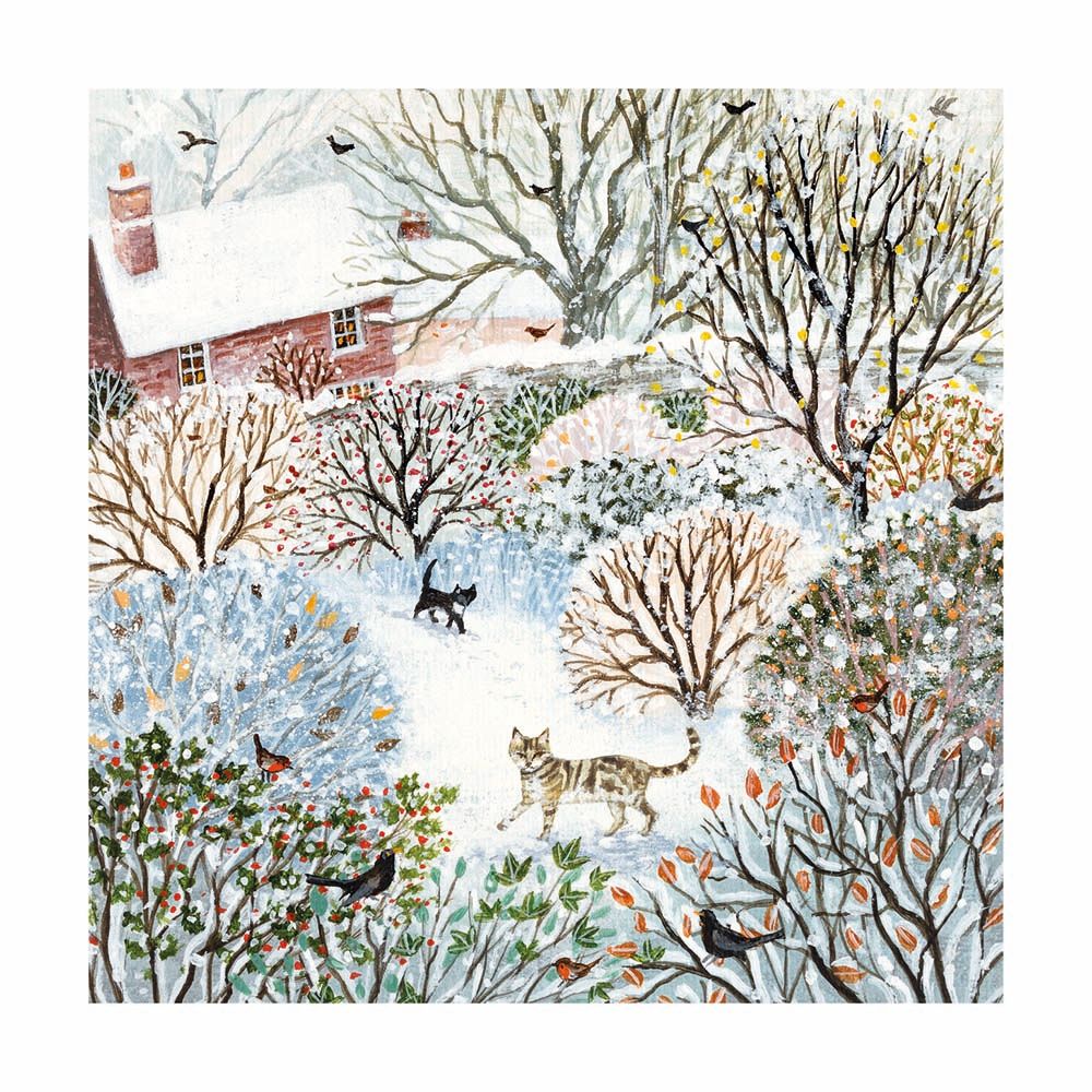 Winter scene with cats and birds in a snowy landscape