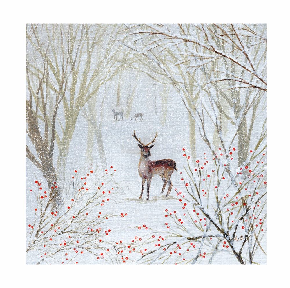 Winter scene with deer and bare trees on a snowy background