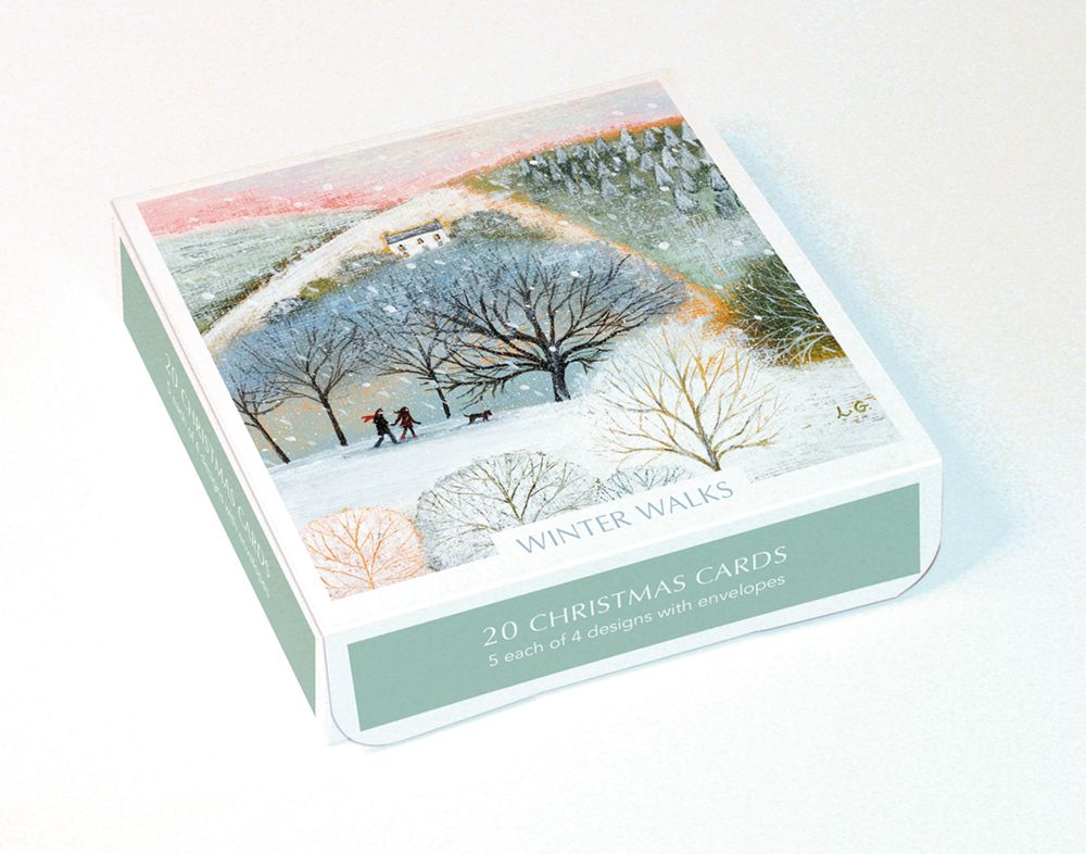 Box of Christmas cards with winter scene design on a white background