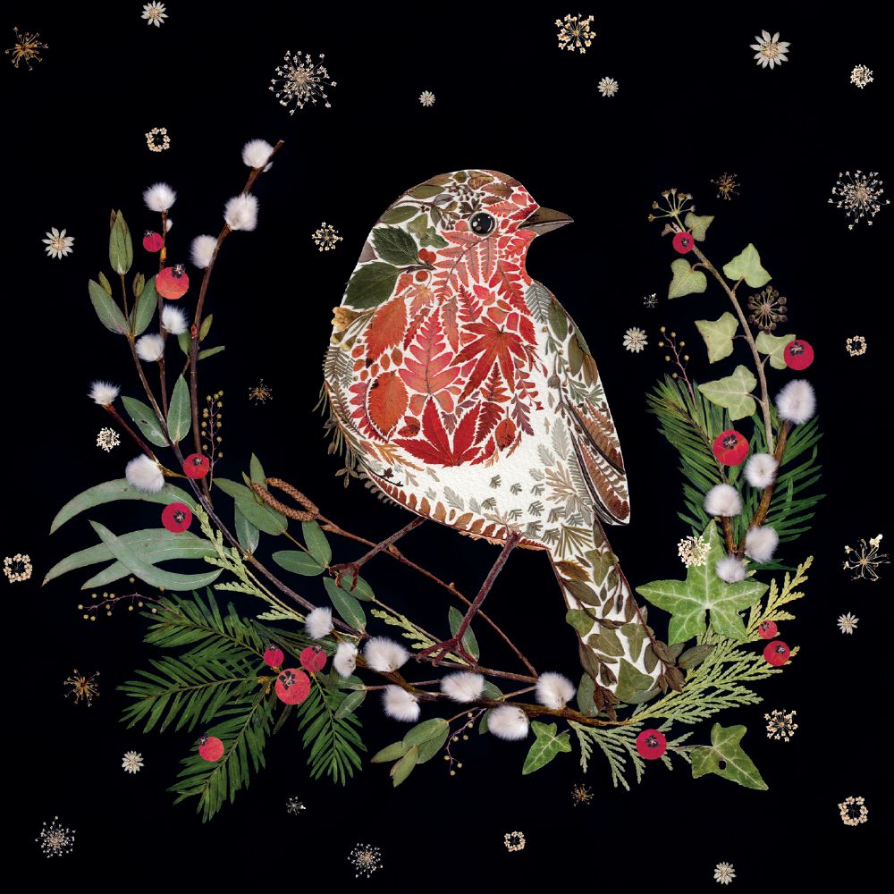 Decorative illustration of a robin surrounded by foliage and berries on a black background.
