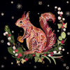 Decorative illustration of a squirrel with floral patterns on a black background with winter elements.