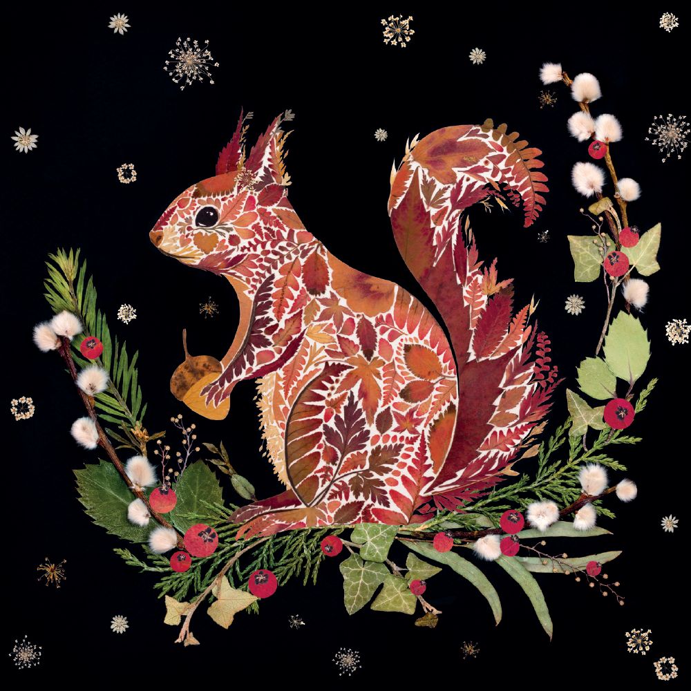 Decorative illustration of a squirrel with floral patterns on a black background with winter elements.