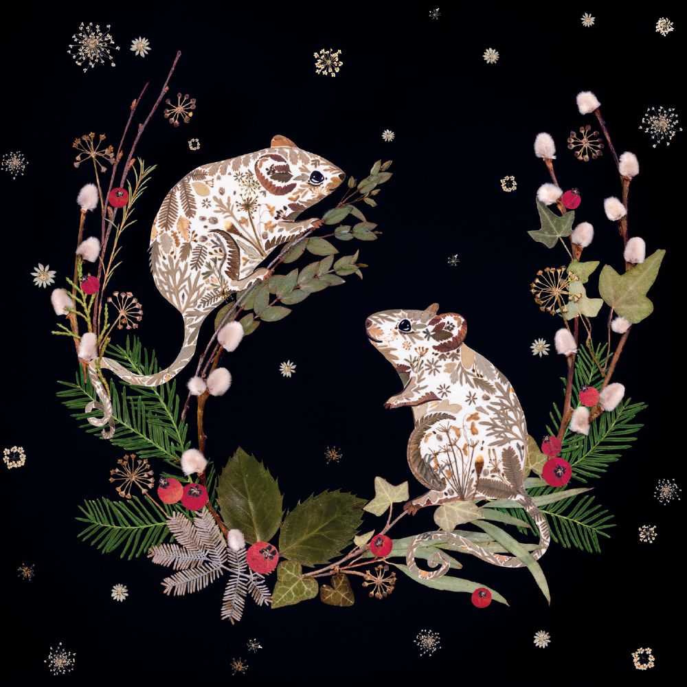 Decorative illustration of two mice among flowers and leaves on a black background