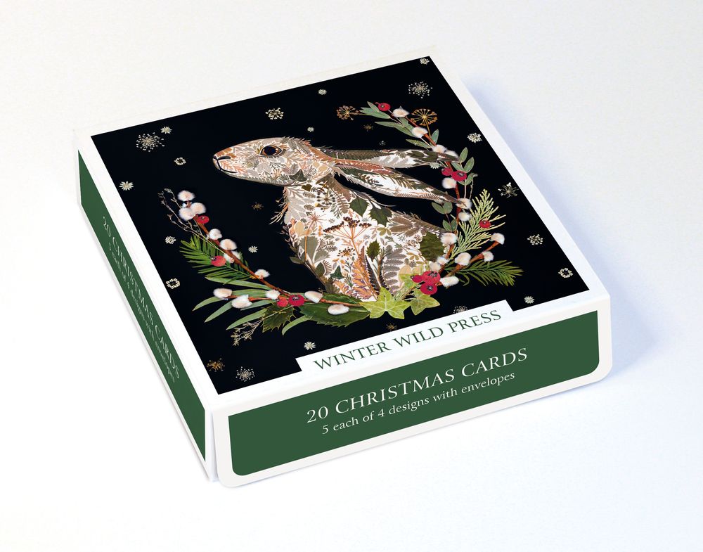 Box of Winter Wild Press Christmas cards with a hare illustration on a white background