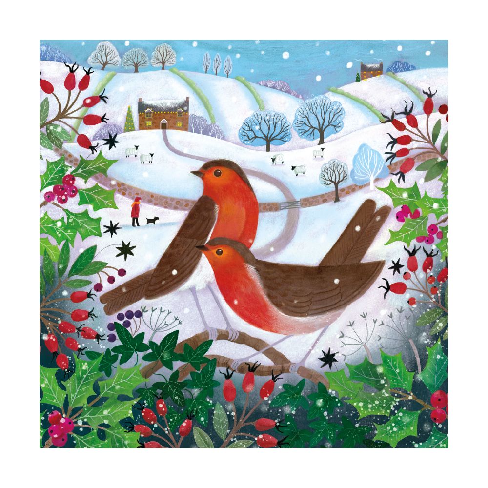 Card with a winter scene featuring a robin, holly, and snow-covered landscape.
