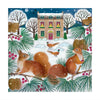 Winter scene with squirrels, birds, and a house in the snow.