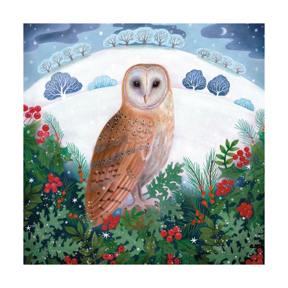 Illustration of an owl in a snowy landscape with trees and berries