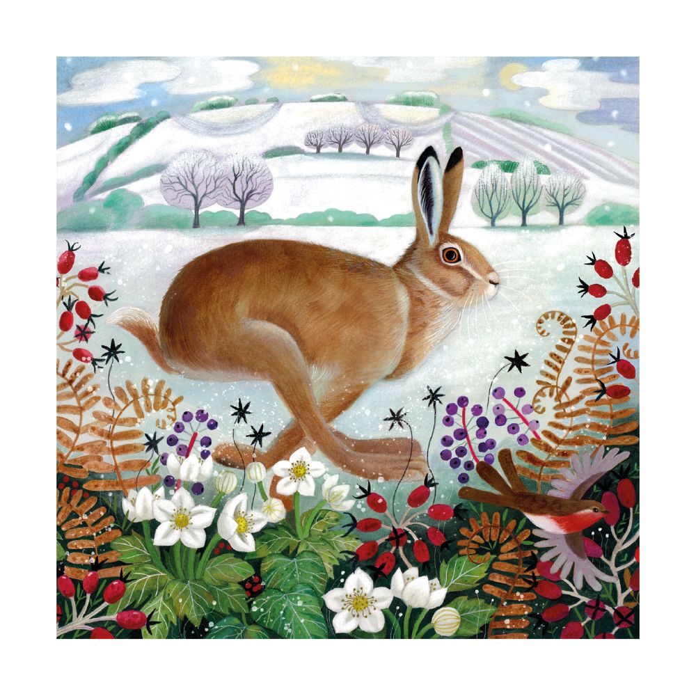 Illustration of a hare in a snowy landscape with flowers and birds.
