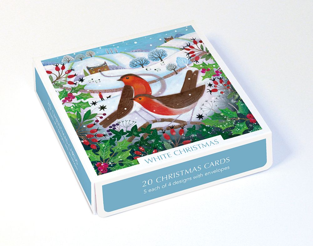 Box of Christmas cards with winter scene design featuring birds and holly.