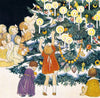 Illustration of children around a Christmas tree with candles and ornaments.