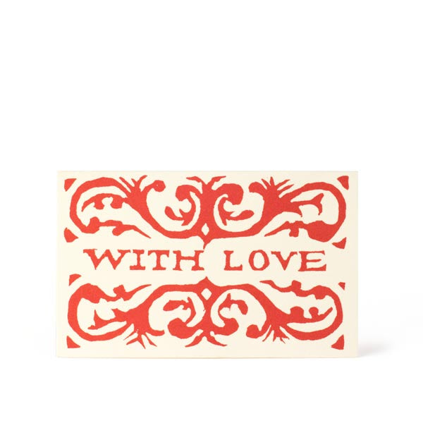 Decorative card with red floral patterns and 'WITH LOVE' text on a white background