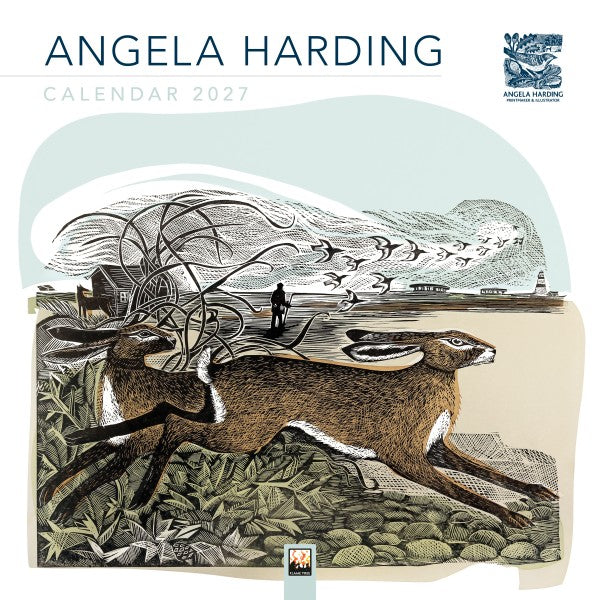Calendar cover with artistic design of a deer and landscape, featuring the brand 'Angela Harding'.