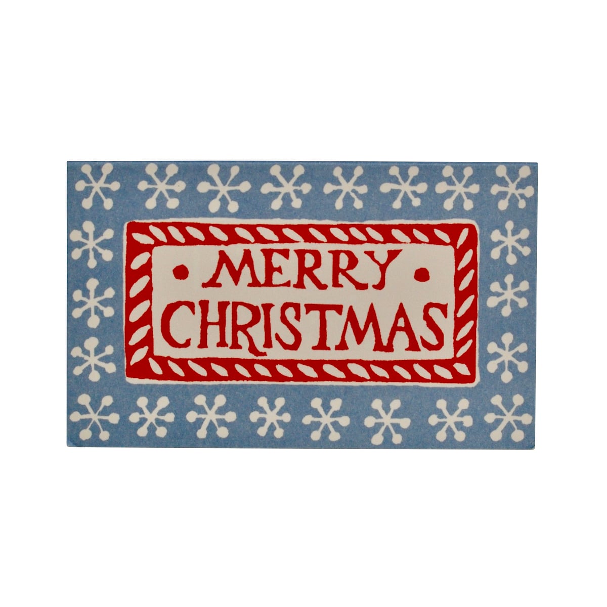 A rectangular folded gift card with a blue background, white snowflake border, and a central cream panel reading “MERRY CHRISTMAS” in red, shown on a plain white background.