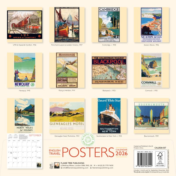 &#39;English Travel Posters&#39; 2026 Wall Calendar reverse